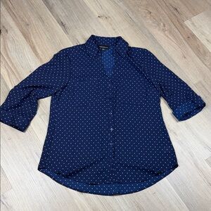 Fortune + Ivy Navy Blue Polka Dot Button Down Blouse. Deep V-neck. Size M